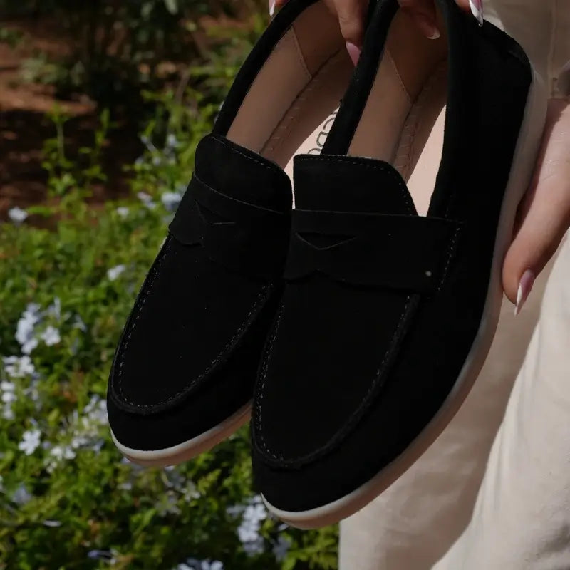 Elina : Mocassin en daim pour femme -Noir