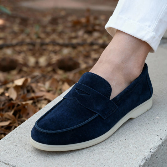 Elina : Mocassin en daim pour femme- Bleu Foncé