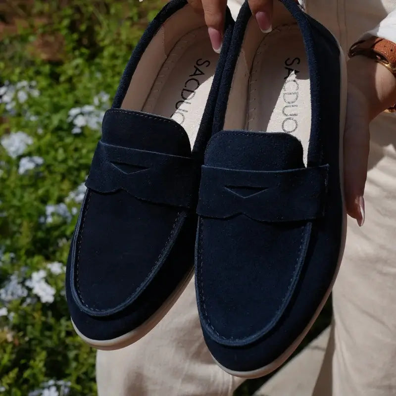 Elina : Mocassin en daim pour femme- Bleu Foncé