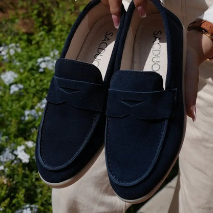 Elina : Mocassin en daim pour femme- Bleu Foncé