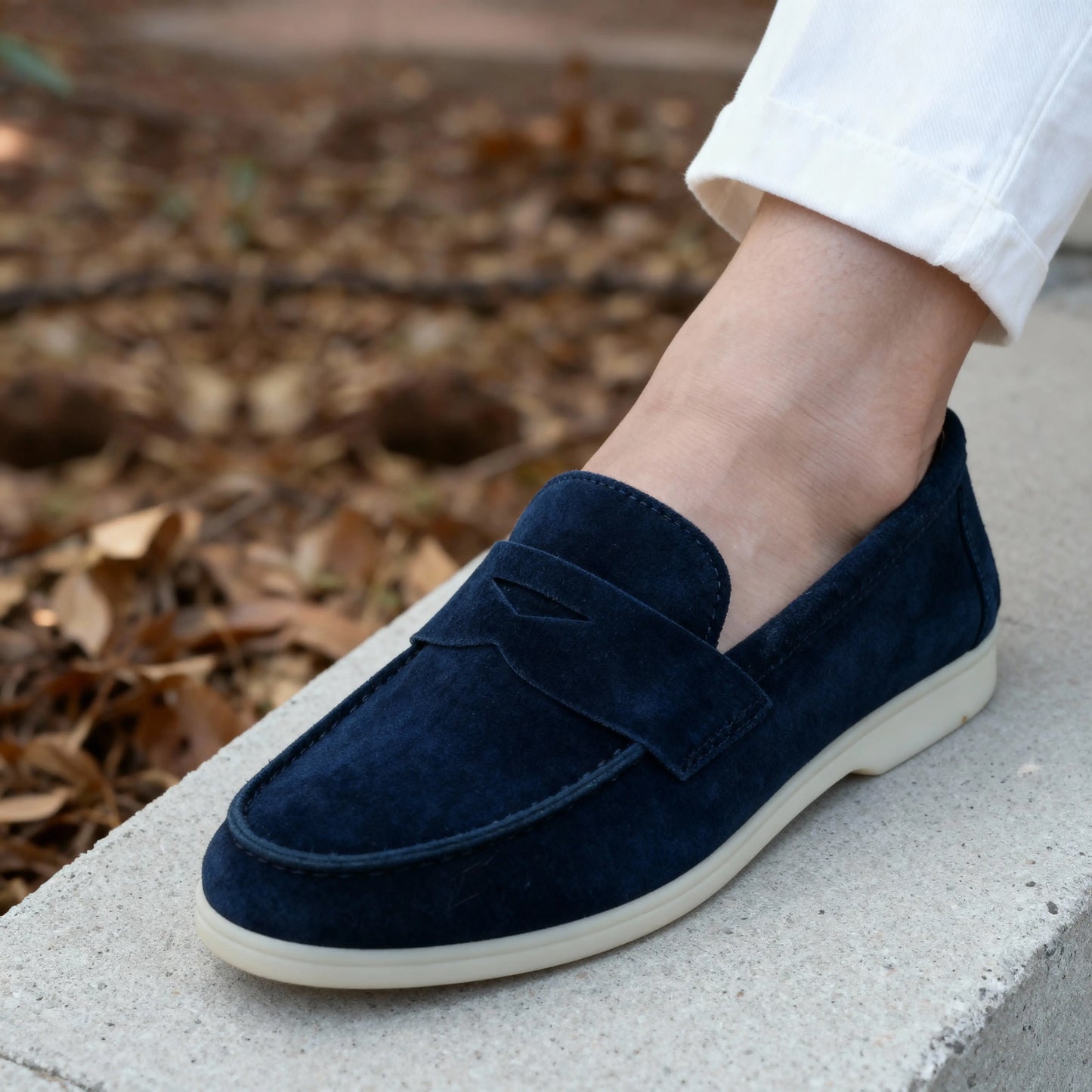 Elina : Mocassin en daim pour femme- Bleu Foncé