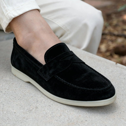 Elina : Mocassin en daim pour femme -Noir